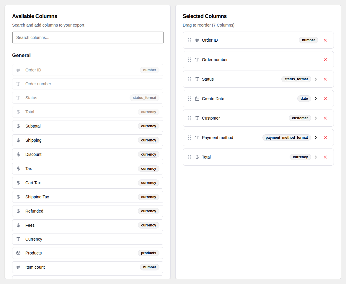 Column picker with drag and drop ordering, format selection, and filters panel