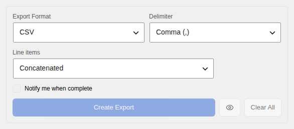 Export format selection: CSV, TSV, XLSX with delimiter and line-items options