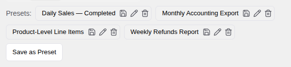 Saved export presets that store column selection, format, and filters for reuse