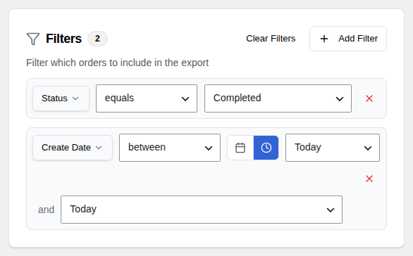 Filter conditions with status equals and date range between relative dates