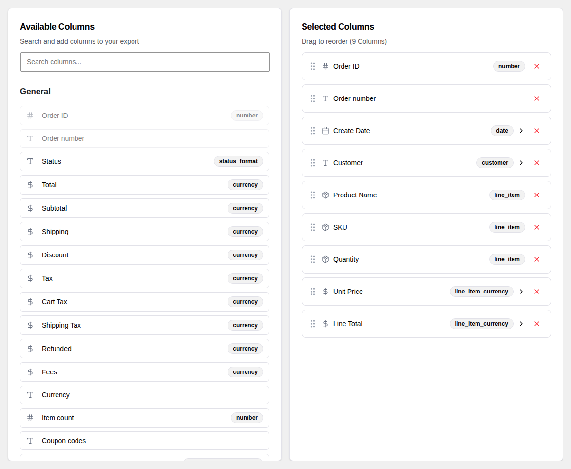 Line items expanded mode with separate columns for SKU, quantity, unit price, line total