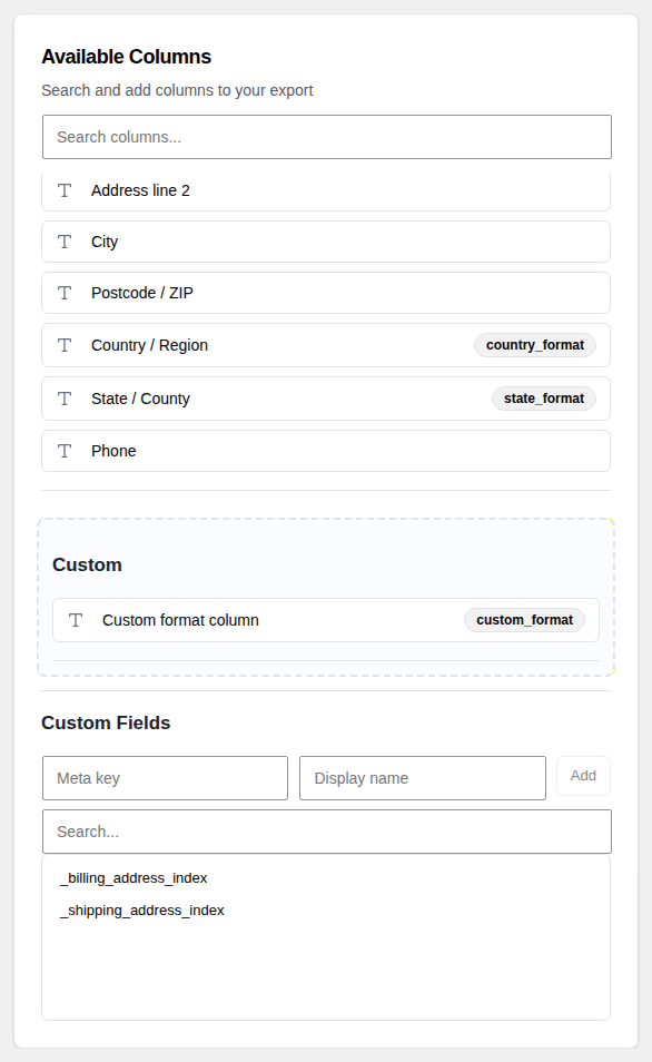 Custom Fields panel with meta key picker and Add button