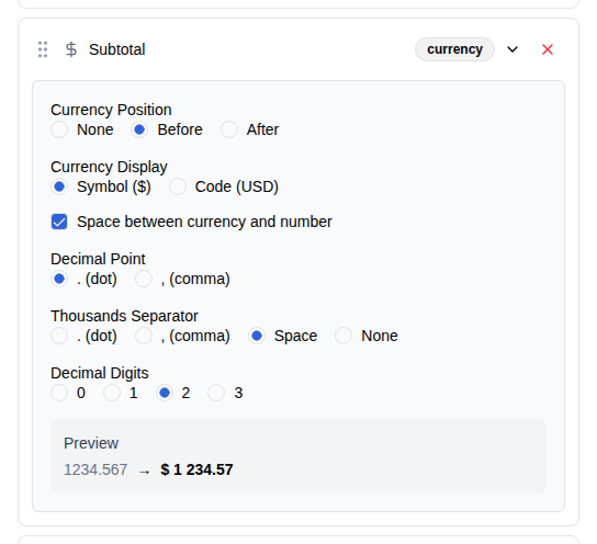 Column formatting: currency, date, number with live preview