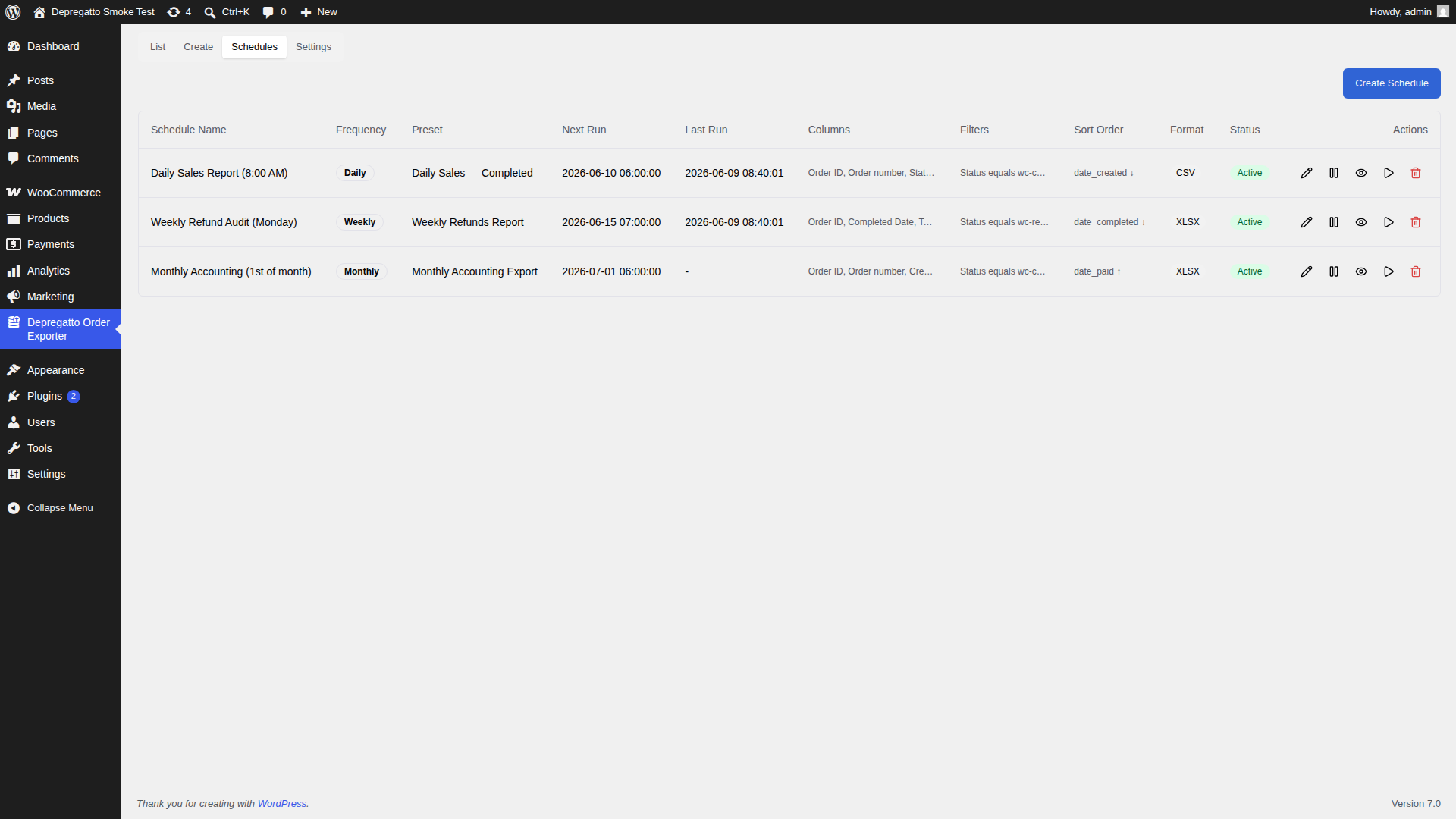 Scheduled exports list with daily, weekly, and monthly frequencies linked to presets