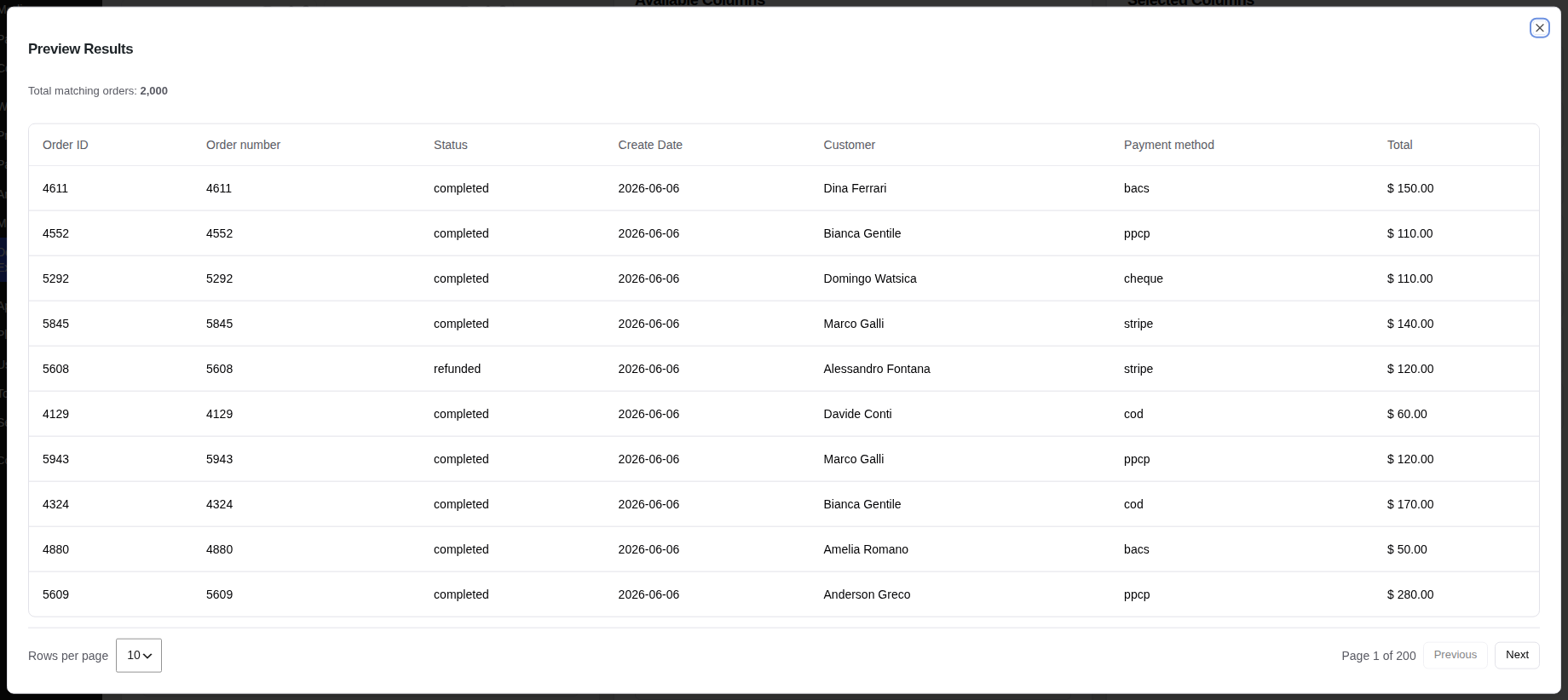 Preview Results dialog showing 2,000 matching orders with paginated sample rows