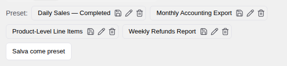 Preset di esportazione salvati che memorizzano selezione colonne, formato e filtri per il riutilizzo