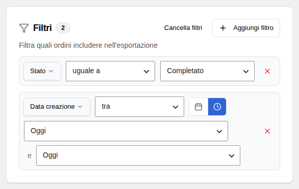 Condizioni di filtro con stato uguale a e intervallo di date relative