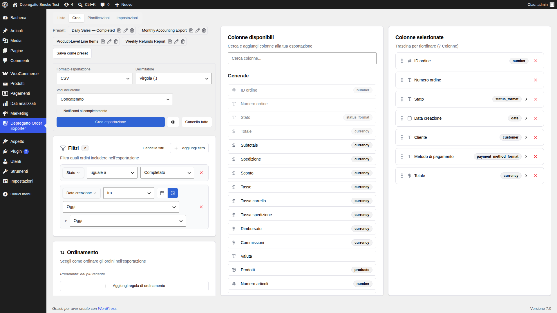 Filtro data relativa: tra Oggi e Oggi con toggle calendario/orologio