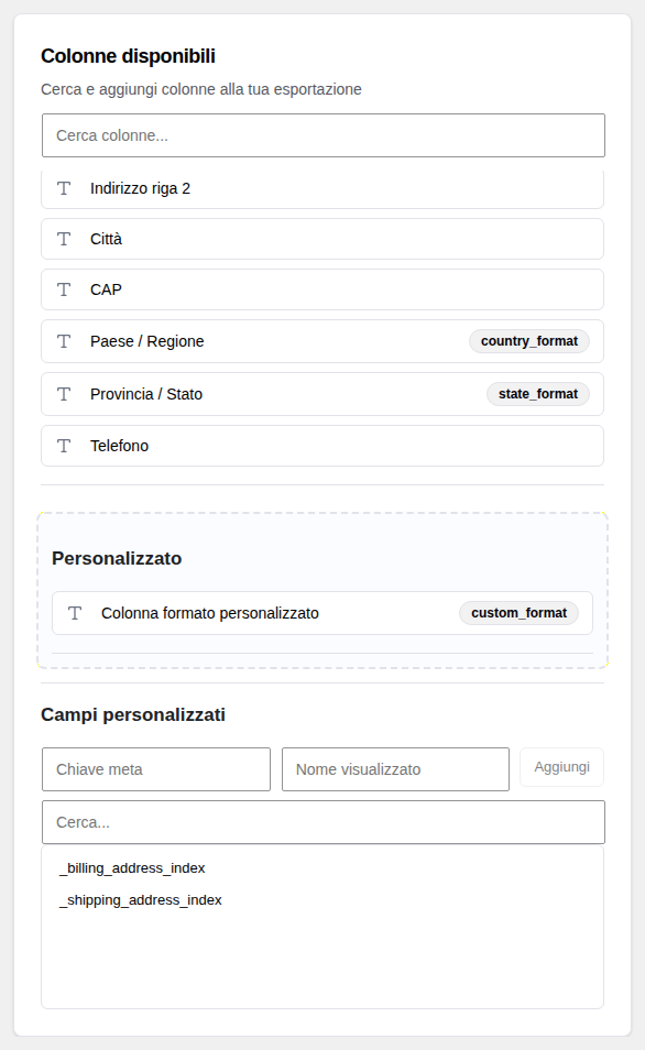 Pannello Campi personalizzati con picker chiave meta e pulsante Aggiungi