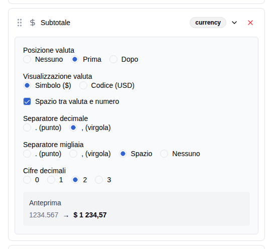 Formattazione colonne: valuta, data, numero con anteprima in tempo reale